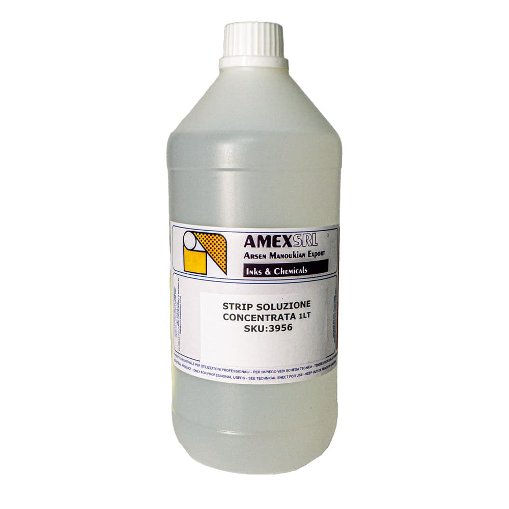 Strip Soluzione Concentrato Amex per Recupero Telai. Confezione 0,5 Lt – 1 Lt – 5 Lt. Da diluire in acqua. Diluizione media 1:10. Resa 5 Lt – 10 Lt – 50 Lt