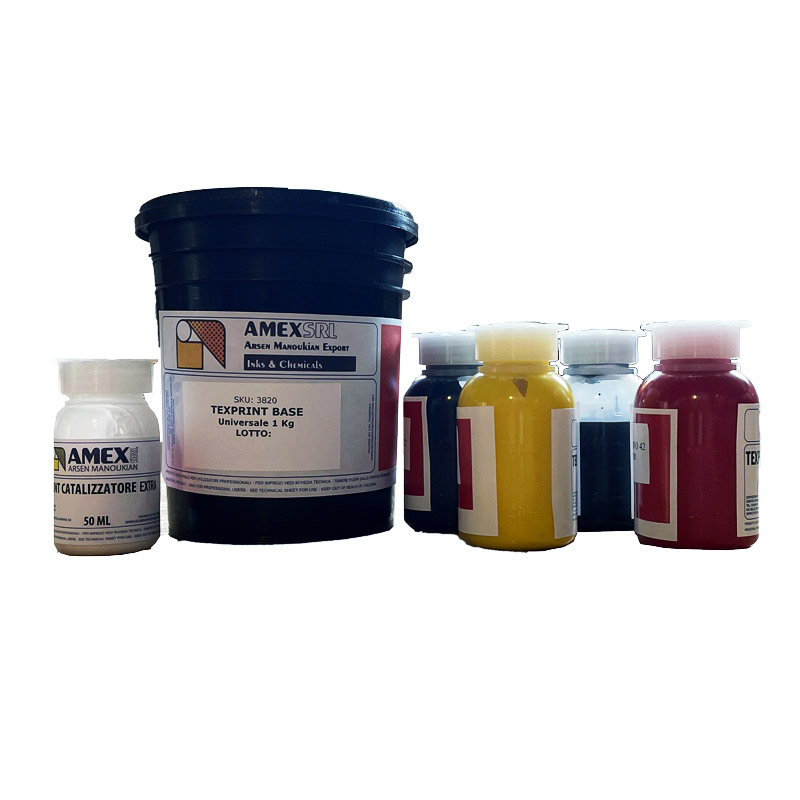 Texprint Amex. Collezione Coloranti per Quadricromia. Per Cotone, Misti, Carta e Spugna. Contiene Texprint Base Coprente e Catalizzatore